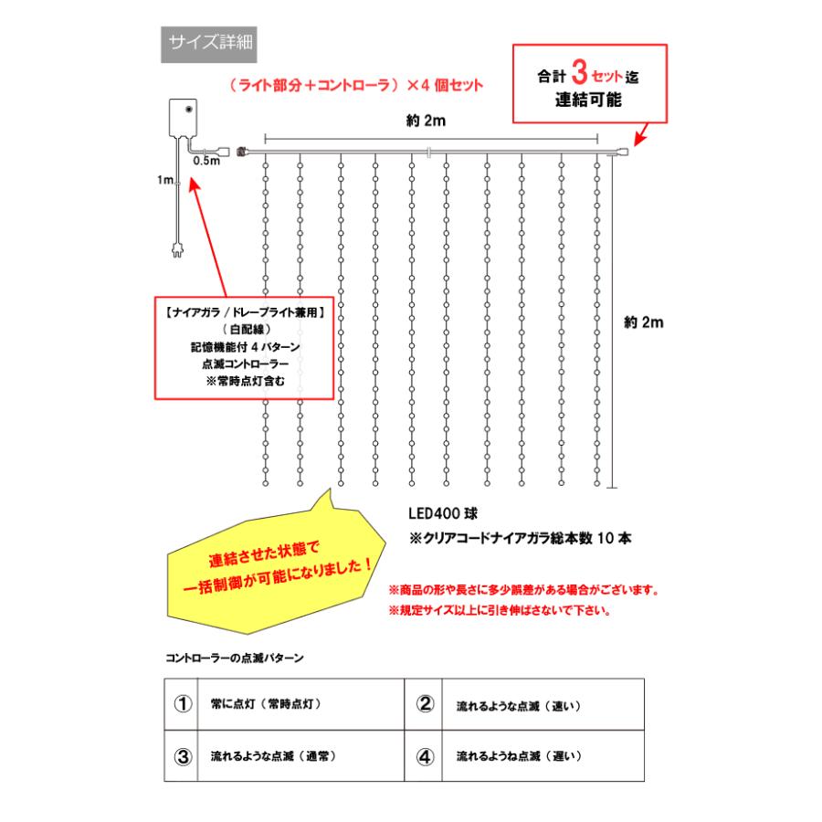 LEDナイアガラ イルミネーション400球（ホワイト）×4個セット 