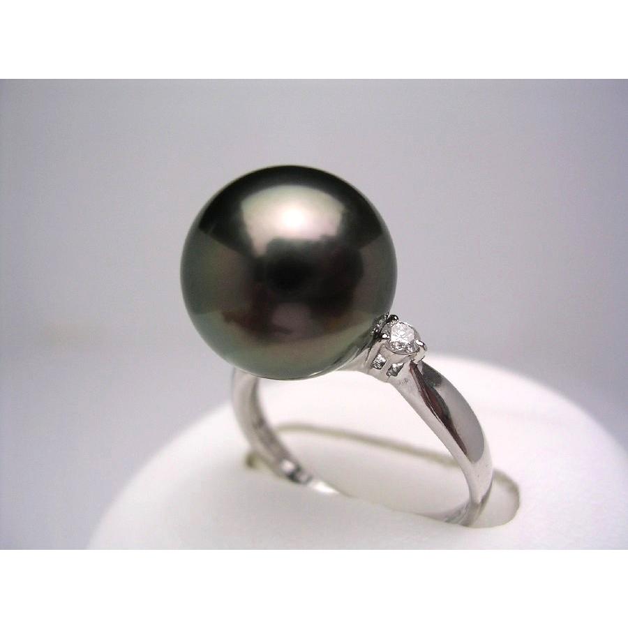 真珠 リング パール BlackLip花珠・ピーコックグリーンカラー 黒蝶真珠 真珠リング パールリング 12.3mm Pt900 プラチナ ダイヤ 0.10ct 33169の画像