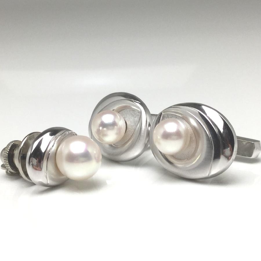 真珠 ネクタイピン パール アコヤ真珠 カフス セット 8.5mm シルバー
