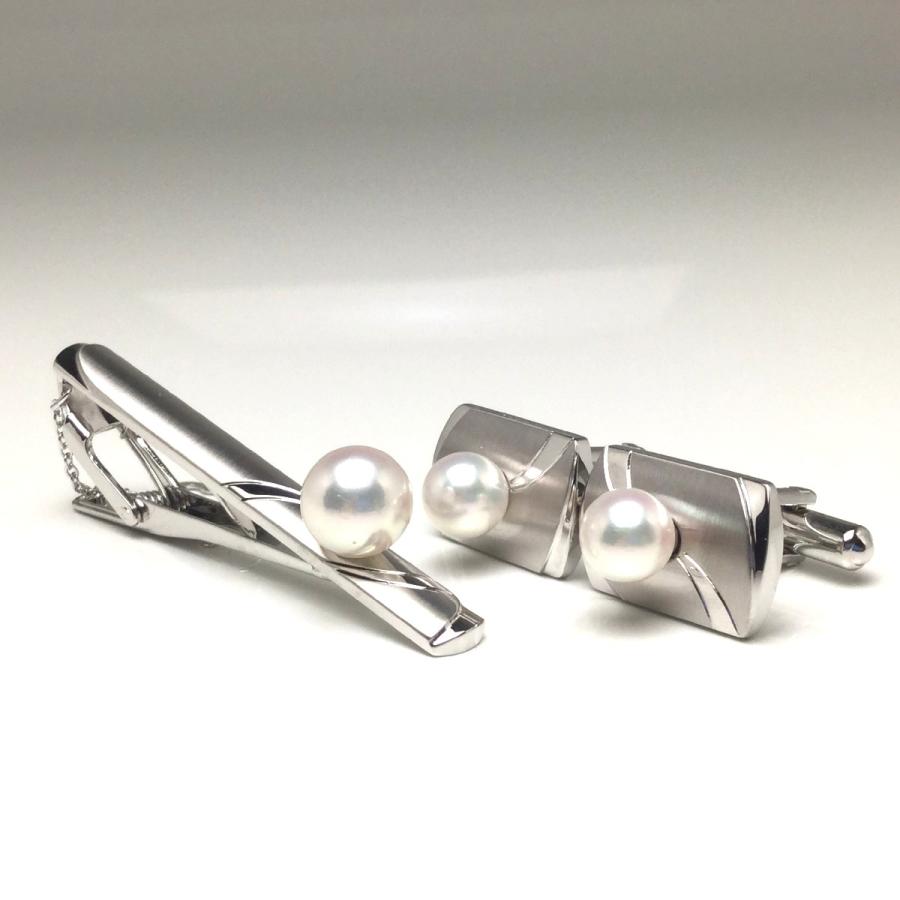 真珠 ネクタイピン パール アコヤ真珠 カフス セット 9.35mm シルバー
