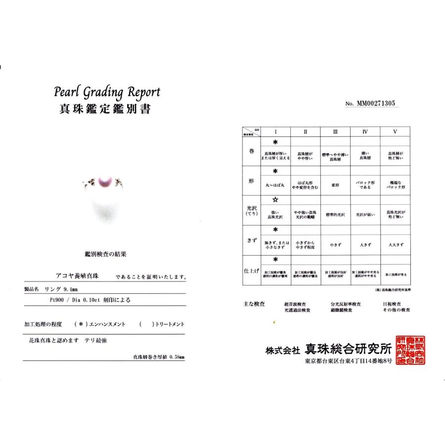 真珠 リング パール 花珠 アコヤ真珠 真珠リング パールリング 9.4mm Pt900 プラチナ ダイヤモンド 0.10ct 79795の画像