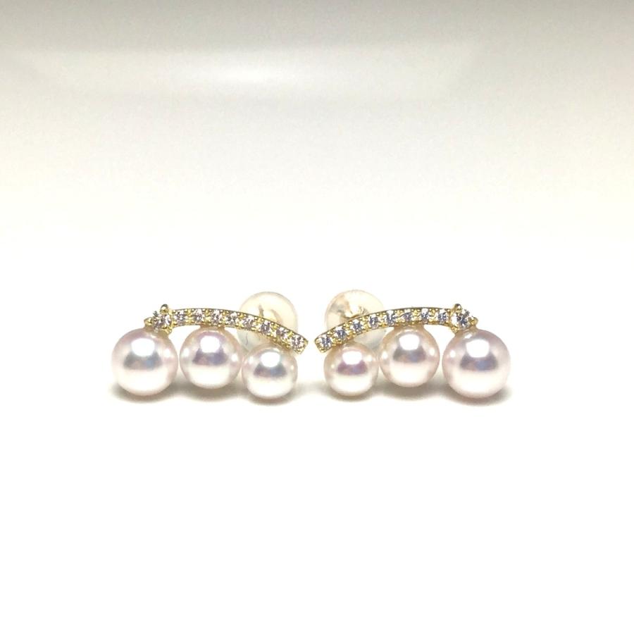 真珠 ピアス パール アコヤ真珠 スタッド 真珠ピアス パールピアス 4.5-5.5mm K18 イエローゴールド ダイヤモンド 0.14ct 80016の画像