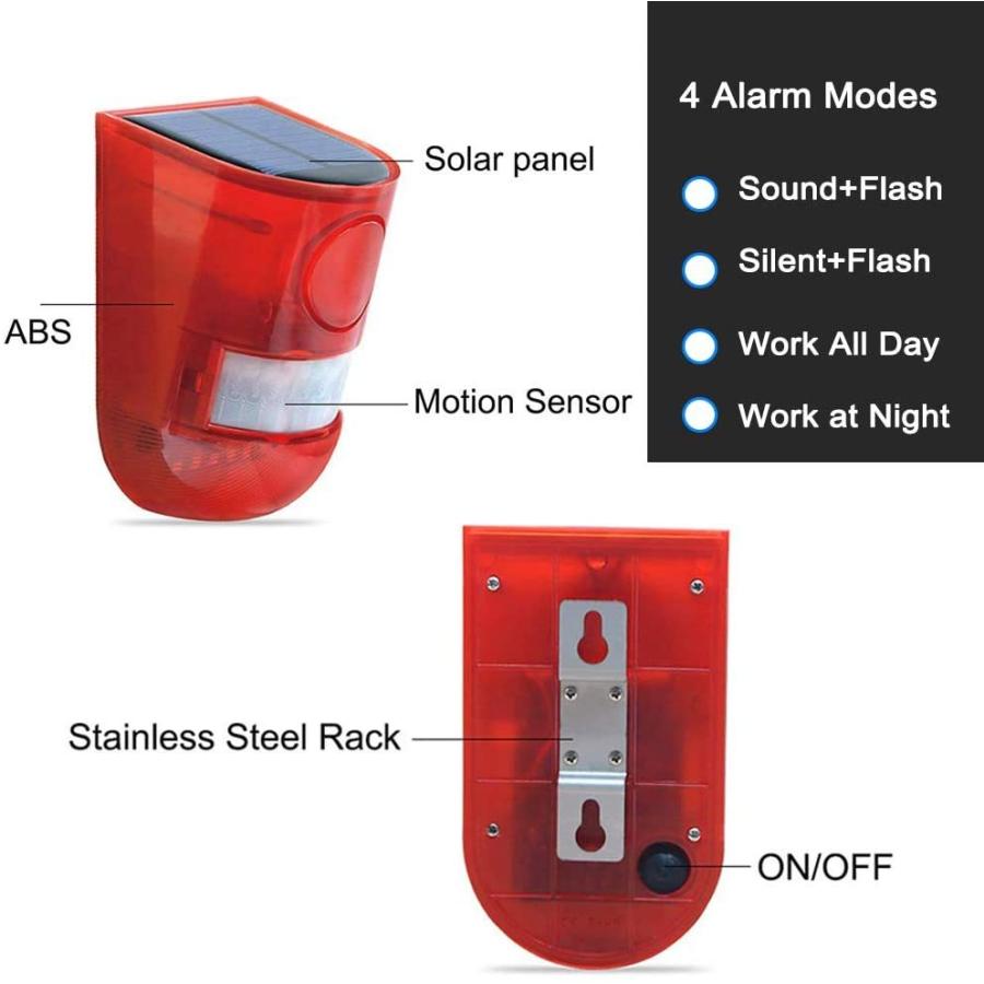 ソーラー 防犯アラーム LED警告灯 警報機 129db ブザー音 警告アラーム 太陽光充電 人感センサー IP65防水 盗難防止 防犯 屋外 防水｜isozaki-store｜05