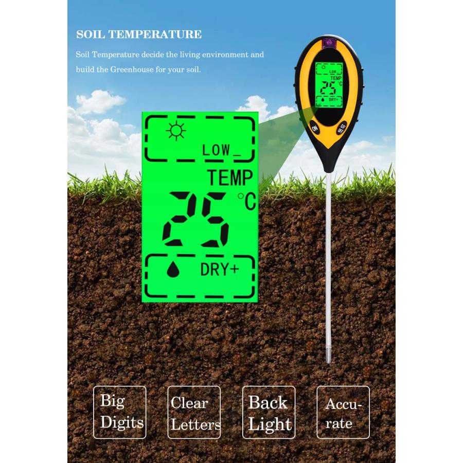 土壌酸度計 土壌測定器 土壌水分計 pH測定器 土壌 粘土質 土壌改善 デジタル ペーハー測定器 地温 酸度 水分 照度 畑 土壌テスター｜isozaki-store｜06