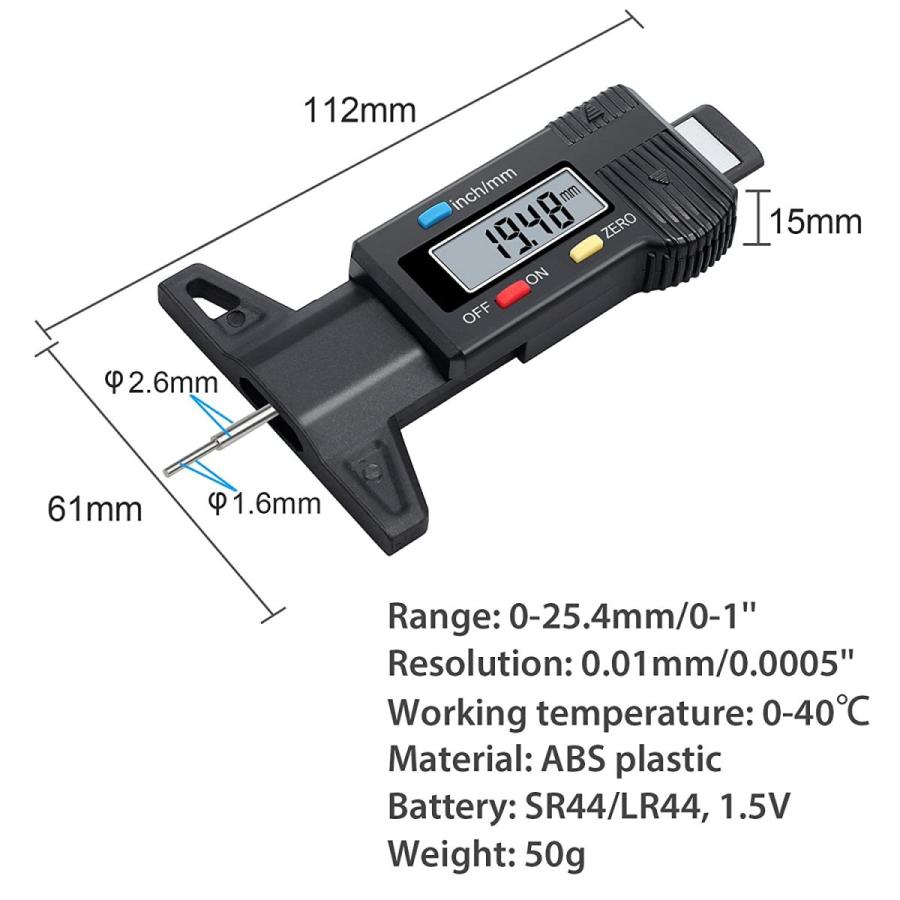 タイヤデプスゲージ タイヤ 溝 計測　深さ 測定 デジタル表示 0〜25mm 小型 軽量 測定機 ゲージ 自動車 車 バイク メンテナンス｜isozaki-store｜06