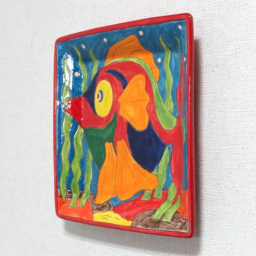南イタリア レッチェ フィッシュ柄 角皿 魚 絵皿 28x28cm アクア 青
