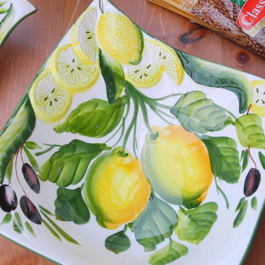 イタリア製 陶器 深皿 レモン柄 オリーブ柄 食器 鉢 スクエアボール イエロー bre-1646-22le