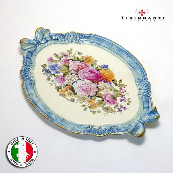 イタリア製 レジン トレイ 軽量 お盆 菓子盆 卓上用トレイ ヨーロッパ アンティーク調 ブルー 38cmX26cm ピオニー マリーゴールド フラワー柄 青 isp-2123gi | 