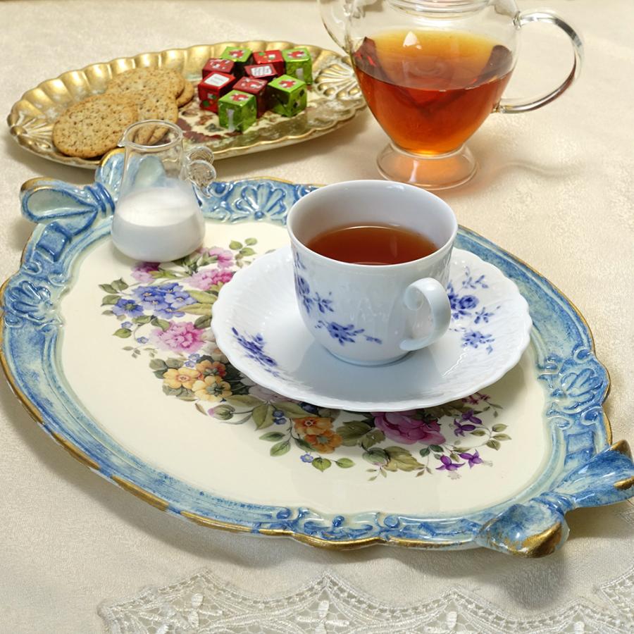 イタリア製 レジン トレイ 軽量 お盆 菓子盆 卓上用トレイ ヨーロッパ アンティーク調 ブルー 38cmX26cm ピオニー マリーゴールド フラワー柄 青 isp-2123gi |  | 01