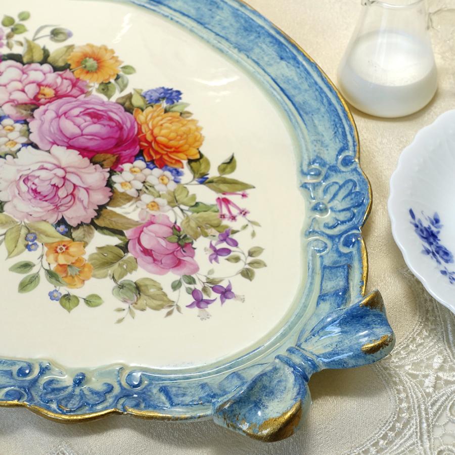 イタリア製 レジン トレイ 軽量 お盆 菓子盆 卓上用トレイ ヨーロッパ アンティーク調 ブルー 38cmX26cm ピオニー マリーゴールド フラワー柄 青 isp-2123gi |  | 02