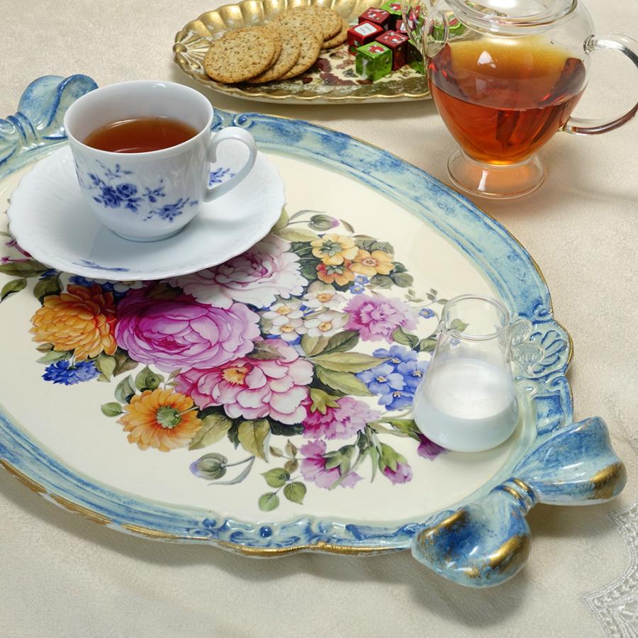 イタリア製 レジン トレイ 軽量 お盆 菓子盆 卓上用トレイ ヨーロッパ アンティーク調 ブルー 46cmX31cm ピオニー マリーゴールド フラワー柄 青 isp-2125gi |  | 01