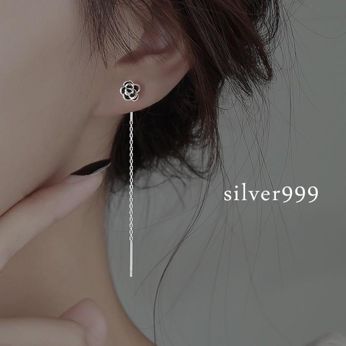 ピアス レディース シルバー999 チェーンピアス 椿 花モチーフ 高級感 黒椿  アメリカンピアス | 