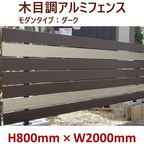 アルミフェンス 簡単組立 木目 キット商品 H800フェンス モダンウッド ダーク　高さ80cm(目隠し部分)×幅2ｍ