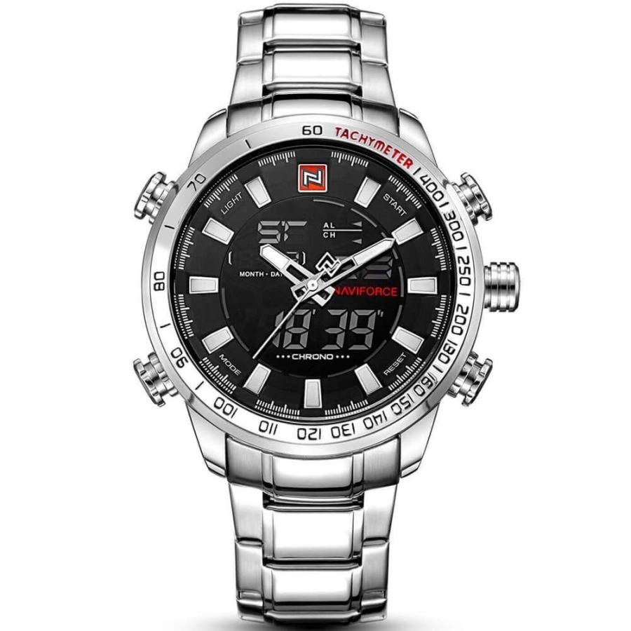 代引き手数料無料 Naviforce メンズ腕時計 ミリタリー デュアルディスプレイ デジタル腕時計 防水 フルスチール クォーツ スポーツ腕時計 腕時計