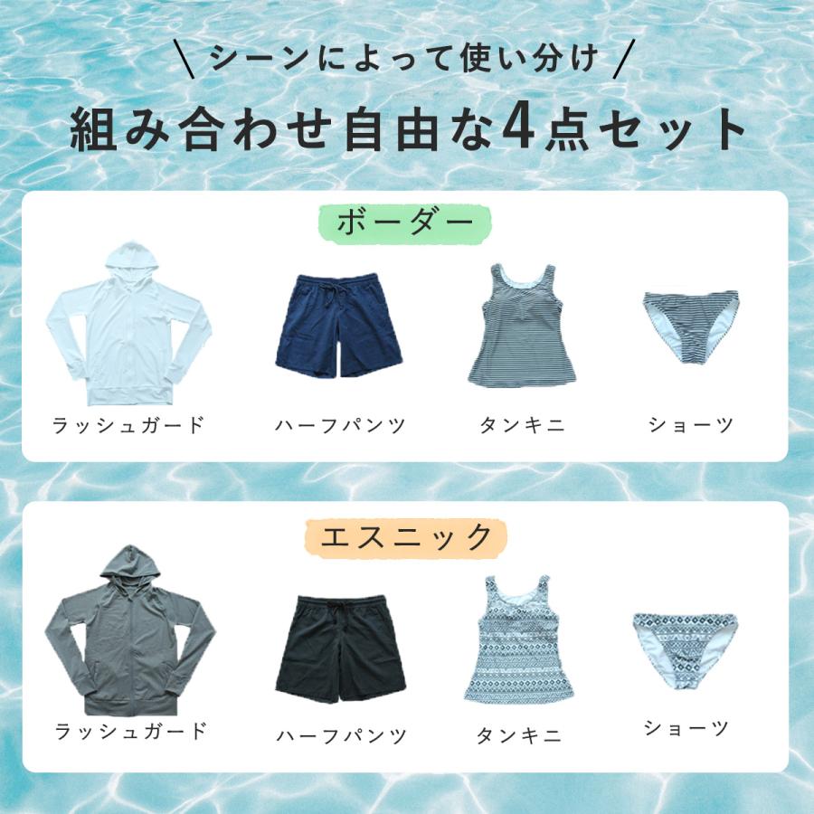 タンキニ ラッシュガード セット 水着 体型カバー レディース ボーダー トップス 可愛い ショートパンツ 上下4点セット 長袖 指穴付きの画像
