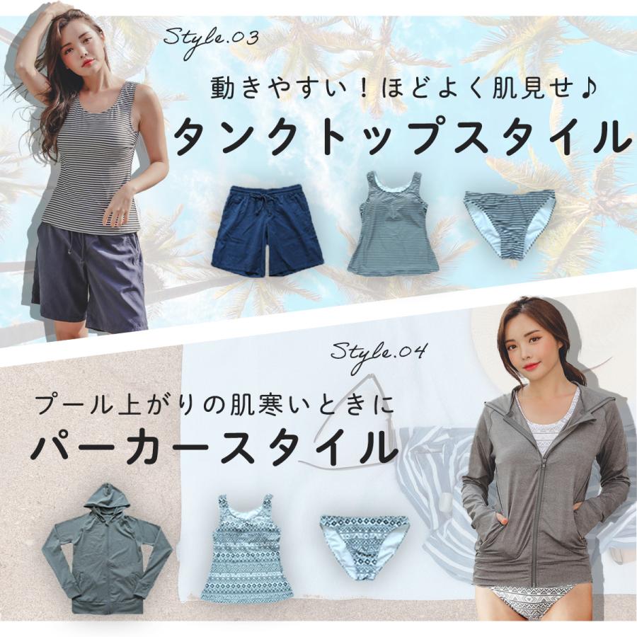 タンキニ ラッシュガード セット 水着 体型カバー レディース ボーダー トップス 可愛い ショートパンツ 上下4点セット 長袖 指穴付きの画像