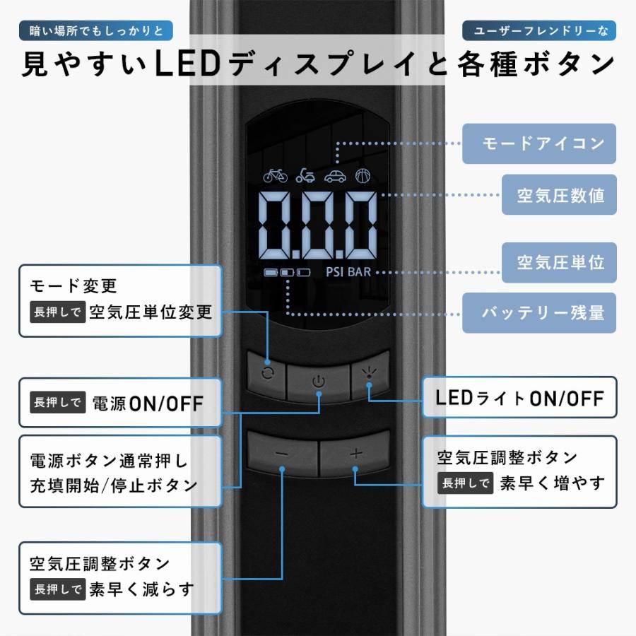 空気入れ 電動 スリム 自転車 自動車 バイク 車椅子 Type-C 充電 空気圧 調節 自動停止 LEDライト｜isshoudou｜06