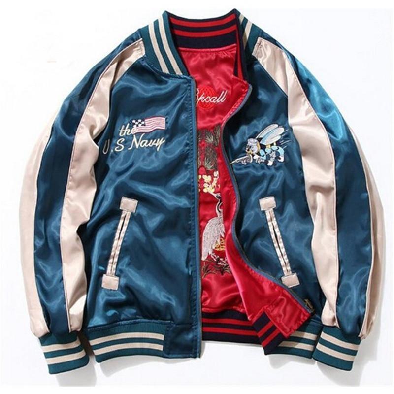 SCRIPT 2面用 日本限定 スカジャン サテン unisex vintage スカジャン 男女兼用 横須賀 メンズ刺繍 ブルゾン 鶴 サテン