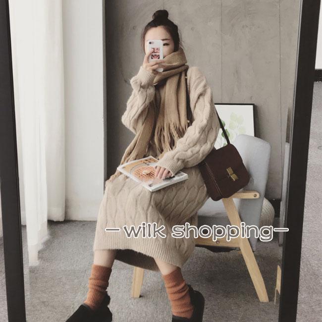ニットワンピース レディース 厚手 ロングニット ケーブル編み ニット