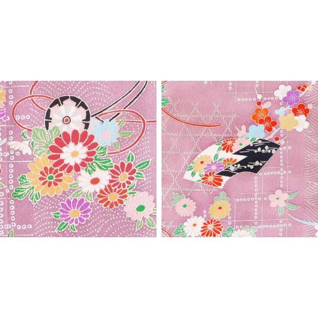 十三参り 着物 子供振袖レンタル 紅色 花車・扇面 130 着物レンタル