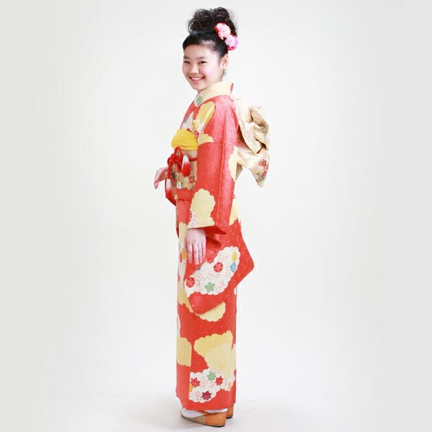 十三参り 着物 子供振袖レンタル 朱赤 花柄 菊 ぼたん 綸子 着物
