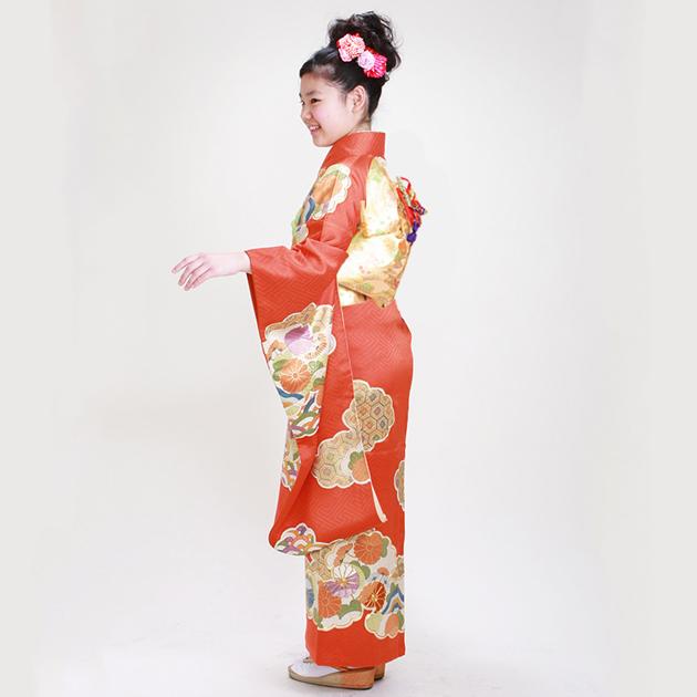 十三参り 着物 子供振袖レンタル 朱赤 金雲取りに菊 青海波 亀甲花菱