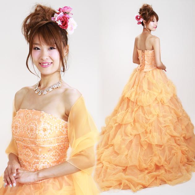 カラードレス レンタル 7号-9号 プリンセスライン/オレンジ レンタルカラードレス 海外挙式 リモ婚 安い 格安 送料無料 7309