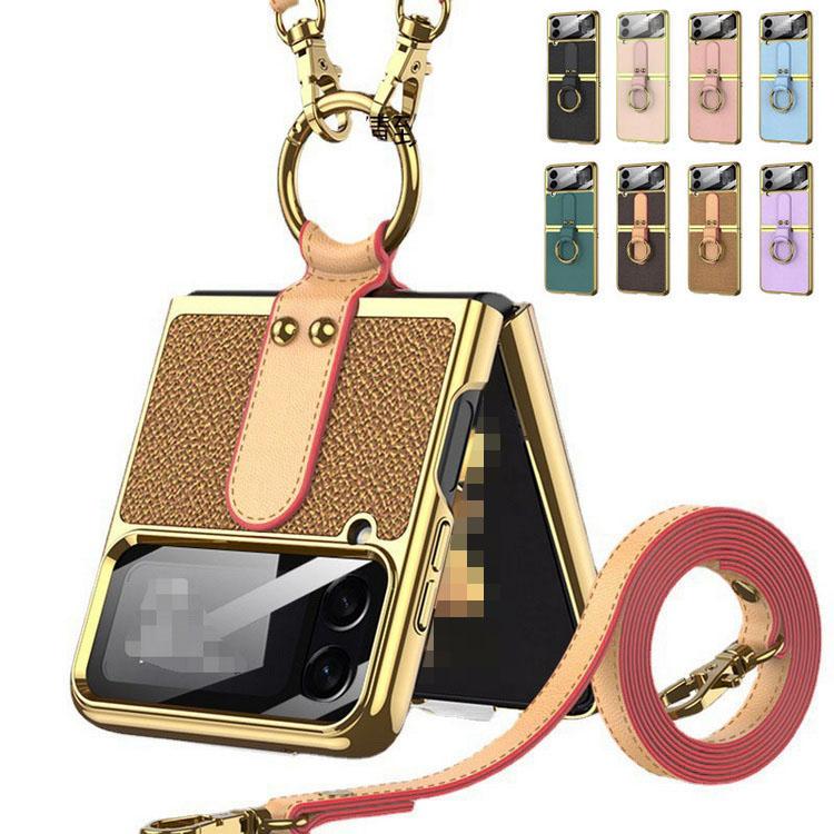 Galaxy Z Flip4 ケース/カバー スマホリング + ショルダーストラップ付き かわいい 折りたたみ型 メッキ PU レザー