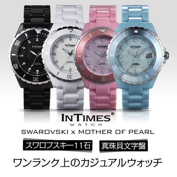 腕時計 レディース INTIMES インタイムス 真珠貝 文字盤 40mm スワロフスキー11石 サイズ選べる4色 シチズン製ムーブ｜it-store