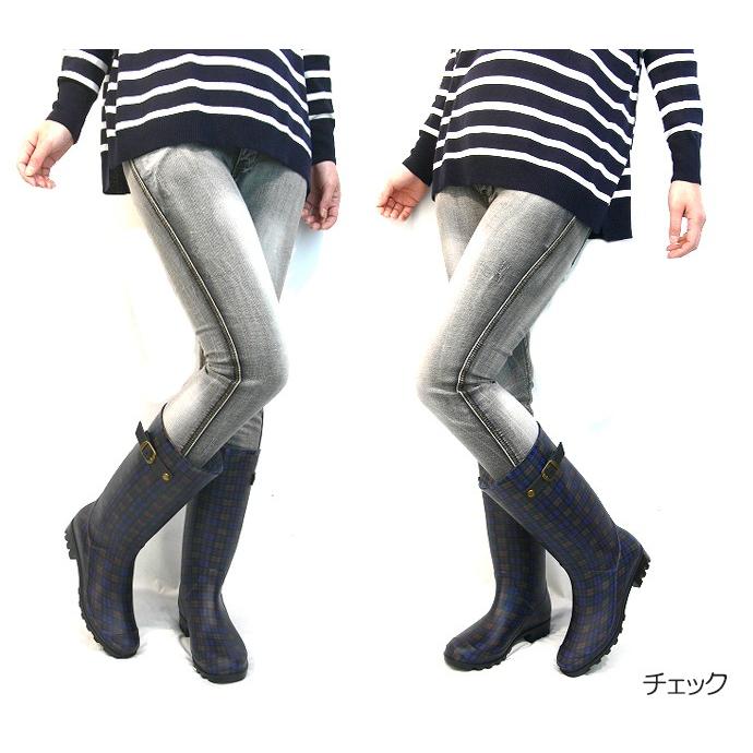 レインブーツ レディース ロング ジョッキー 水玉 ドット チェック