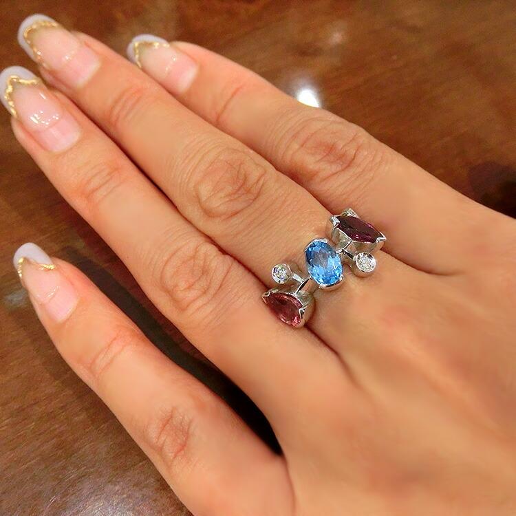 注目ショップ リング ピンクトルマリン ブルートパーズ ロードライトガーネット プレゼント 誕生日 誕生石 宝石 ジュエリー 色石 レディース K18wg T310j 1点物 誕生石 1月 10月 11月 指輪 ホワイトゴールド 18金 レディースアクセサリー Meorboston Org