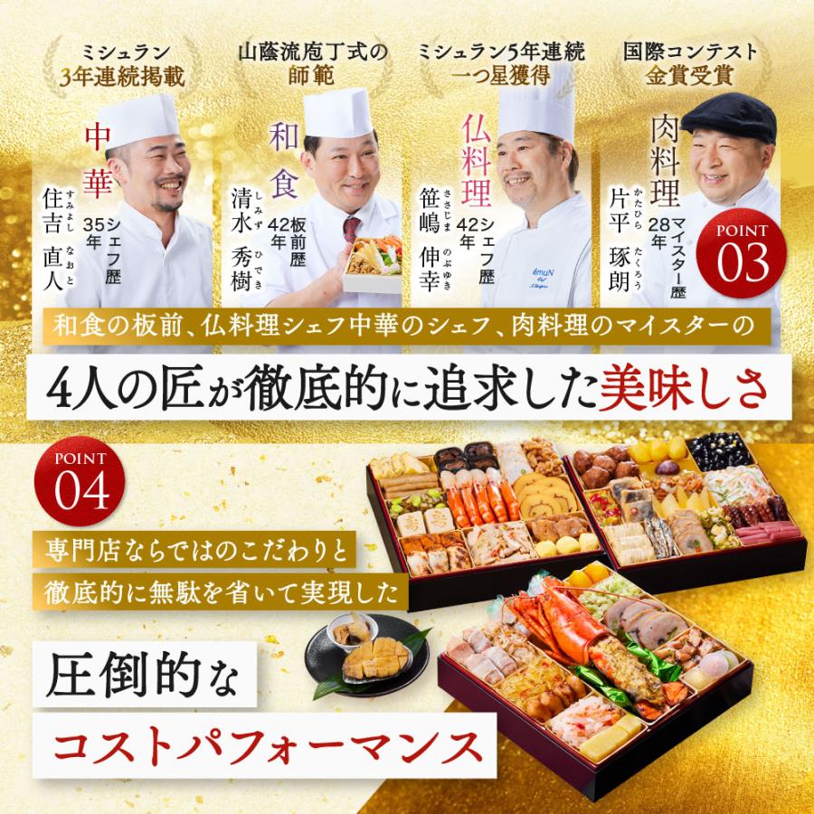 完売間近 おせち 2025 予約 冷凍 お節 「板前魂の花籠 2個セット」 和洋風 三段重 36品 3人前&times;2個 御節 送料無料 和風 洋風  2024