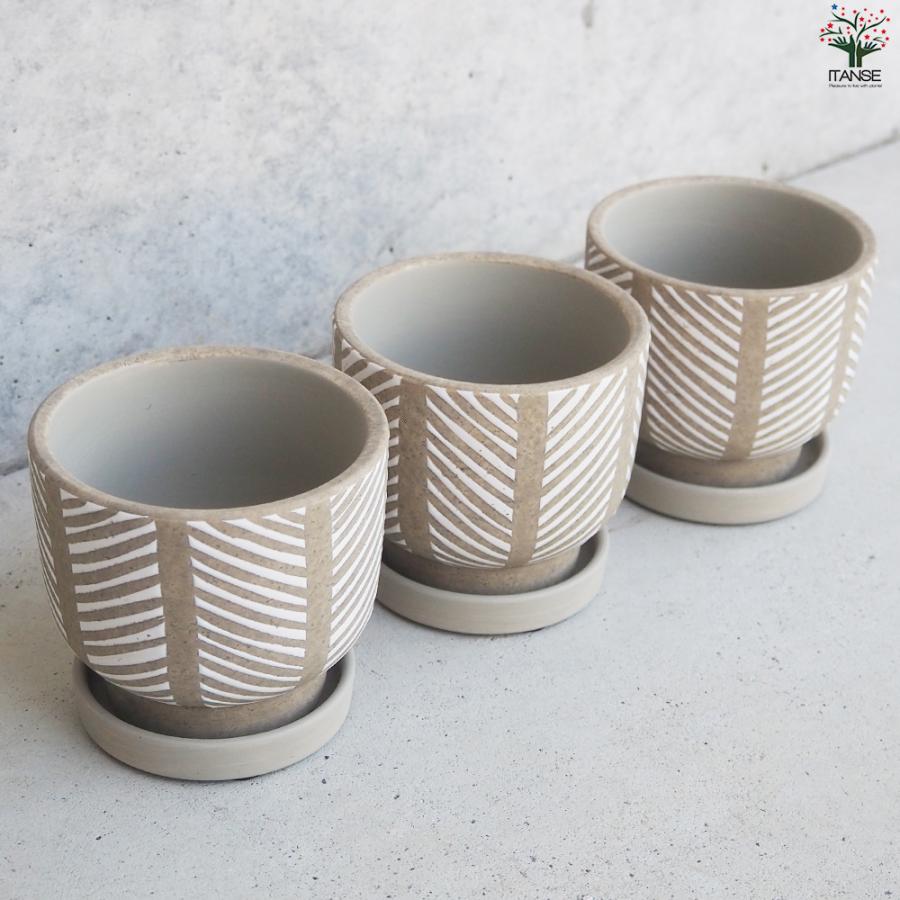 ITANSE 皿付陶器鉢 ヘリンボーン 資材 10cm/お買い得4個セット 植木鉢 鉢 鉢植え 陶器 おしゃれ 北欧 イタンセ公式の画像