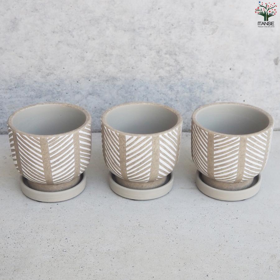 ITANSE 皿付陶器鉢 ヘリンボーン 資材 10cm/お買い得4個セット 植木鉢 鉢 鉢植え 陶器 おしゃれ 北欧 イタンセ公式の画像