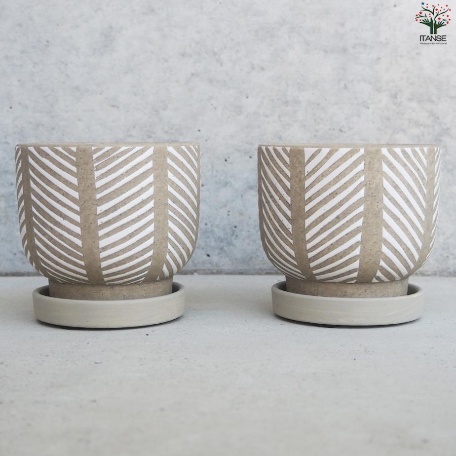 ITANSE 皿付陶器鉢 ヘリンボーン 資材 10cm/お買い得4個セット 植木鉢 鉢 鉢植え 陶器 おしゃれ 北欧 イタンセ公式の画像