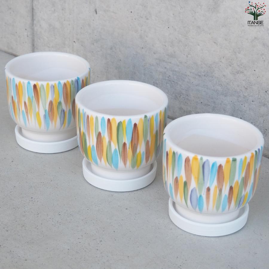 ITANSE 皿付陶器鉢 カラフルブラシ 資材 10cm/お買い得4個セット 植木鉢 鉢 鉢植え 陶器 おしゃれ 北欧 イタンセ公式の画像