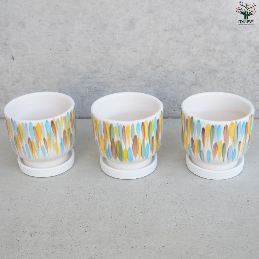 ITANSE 皿付陶器鉢 カラフルブラシ 資材 10cm/お買い得4個セット 植木鉢 鉢 鉢植え 陶器 おしゃれ 北欧 イタンセ公式の画像