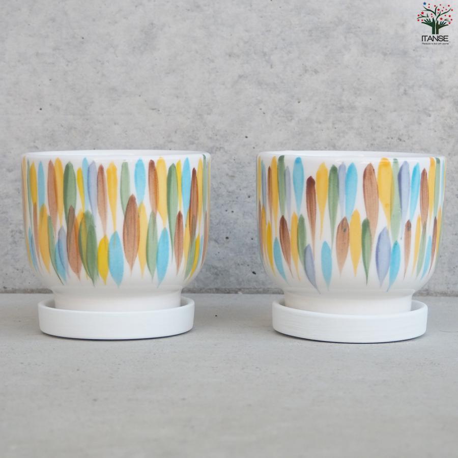 ITANSE 皿付陶器鉢 カラフルブラシ 資材 10cm/お買い得4個セット 植木鉢 鉢 鉢植え 陶器 おしゃれ 北欧 イタンセ公式の画像