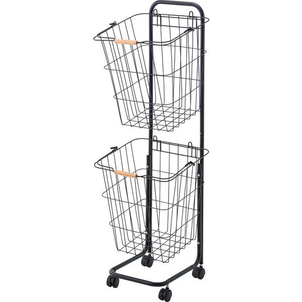 バスケットワゴン LFS-881 2連 取り外し可能 かご ランドリーバスケット 洗濯 カゴ おしゃれ ランドリーボックス 分別 キッチン ワゴン ブラック ホワイト | 東谷 | 01