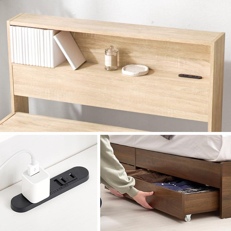 引出し付シングルベッド RB-1541 シングル ベッド 寝具 寝室 新生活 一人暮らし 引き出し 宮棚付き コンセント付き | HAGiHARA | 06