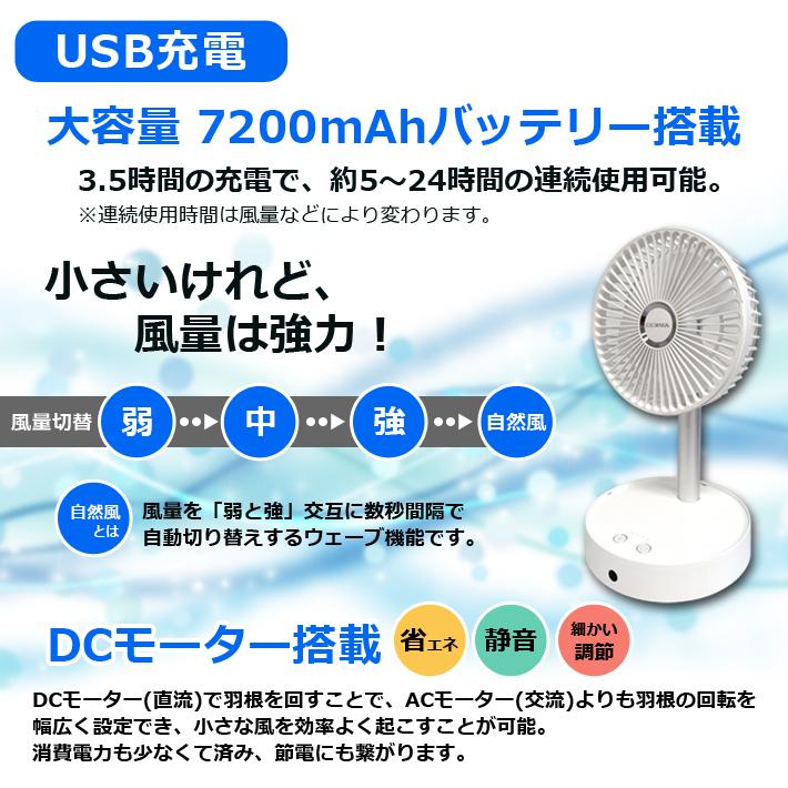 送料無料 ポータブルファン ホワイト 扇風機 サーキュレーター コンパクト バッテリー内蔵 USB充電式 首振り タイマー機能 風量3段階 CICONIA CPF-2007WH｜item-japan｜03