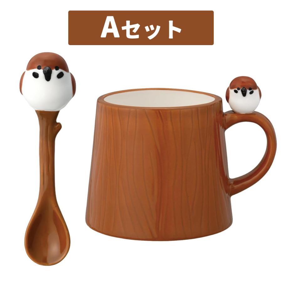 ラッキーキャット マグカップとスプーンセット DECOLE（デコレ） スズメ シマエナガ 2点セット マグカップ スプーン