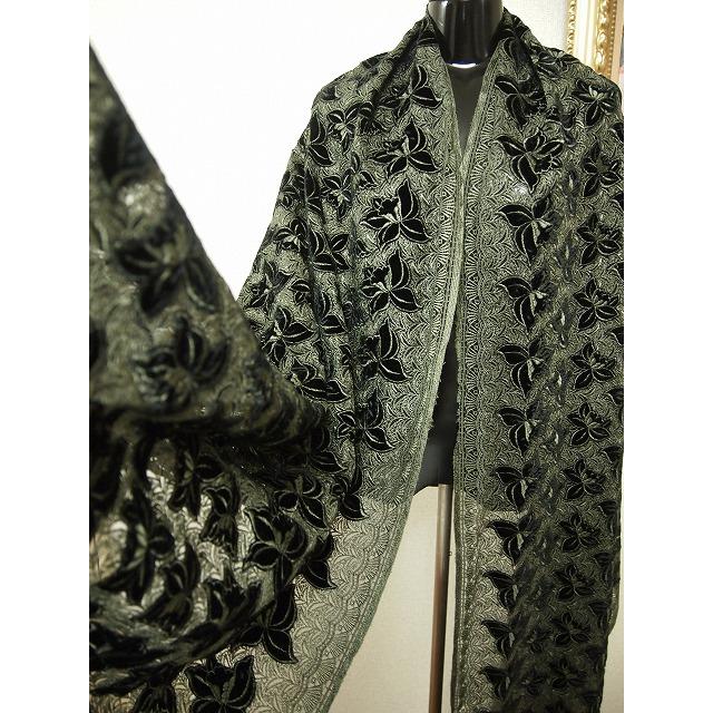 閉店大セール　お買得　【チュール／ベルベット　ハンドカット／レース 花柄】　日本製生地　黒/モスグリーン系　90cm巾3.8m　2381-704　_7