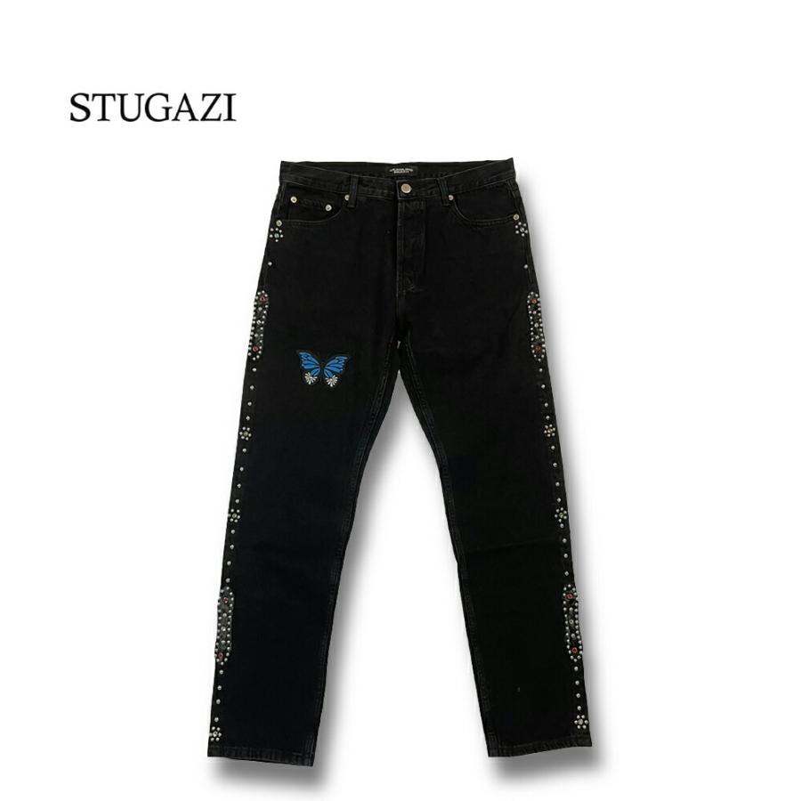 STUGAZI スガジ BUTTERFLY RHINESTONE DENIM BLACK デニムパンツ STUGAZI スガジ BUTTERFLY RHINESTONE DENIM BLACK デニムパンツ