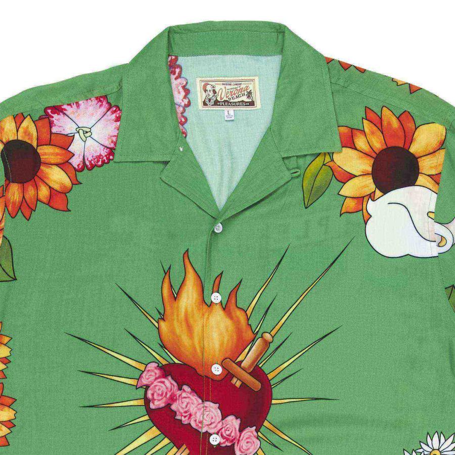 本物の PLEASURES/プレジャーズ BEACH BUTTON DOWN 半袖シャツ Tシャツ