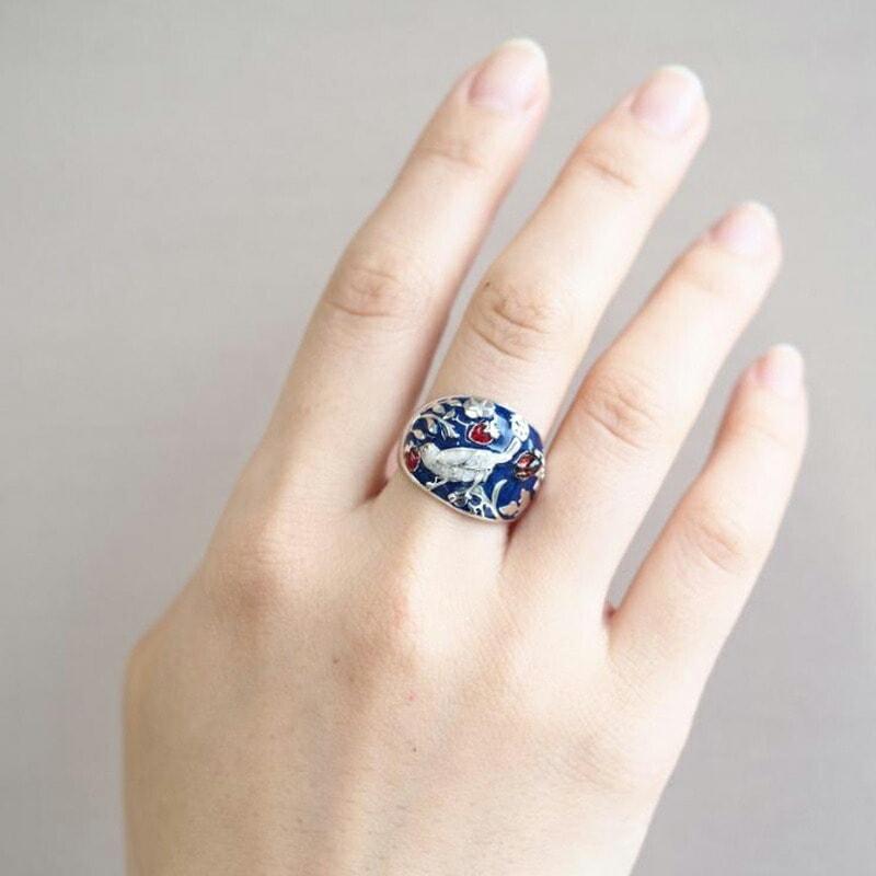 碌山 ウィリアムモリス いちご泥棒 リング 指輪 ガーネット エナメル シルバー ジュエリー William Morris 405R0012-GC-5 ギフト 母の日 プレゼントの画像
