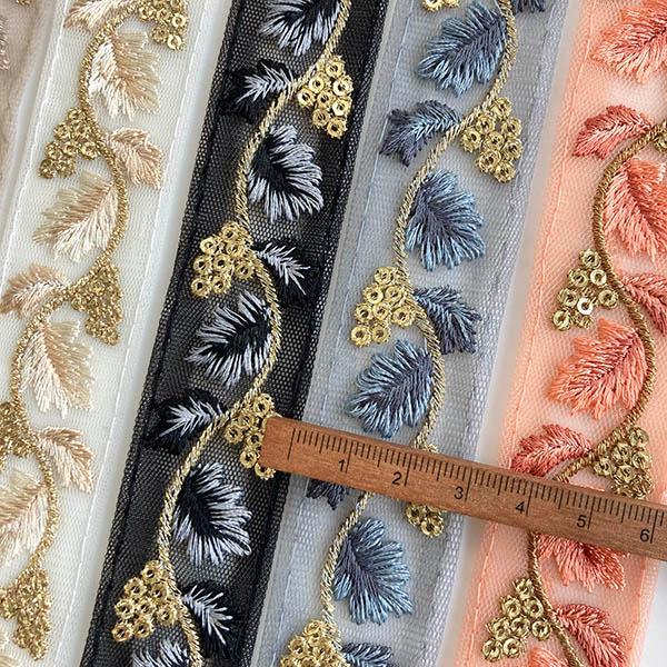 3cm幅 インド刺繍リボンリーフモチーフボタニカル小花柄 チュール