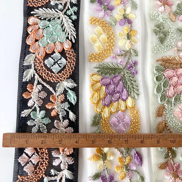 4cm幅 インド刺繍リボン 小花 葉っぱ柄 リボンブレード インドリボン
