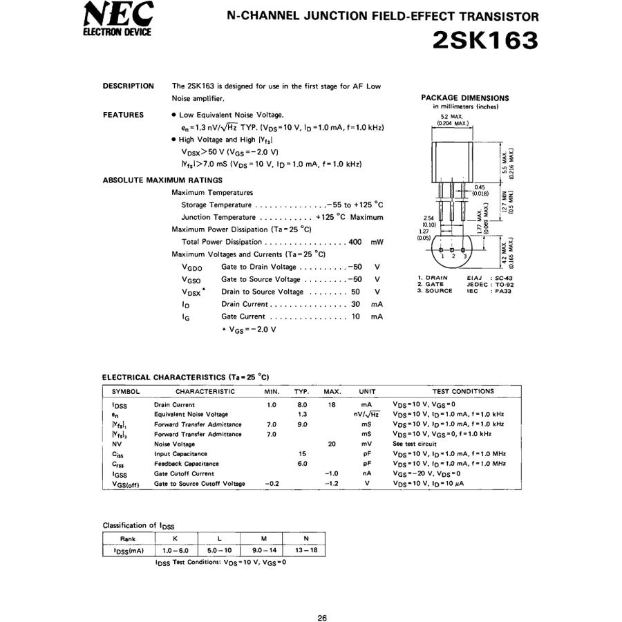 NEC 2SK163 50個（未使用品） NEC N-CHANNEL JANCTION FIELD-EFFECT トランジスタ 2SK163/JM (5個