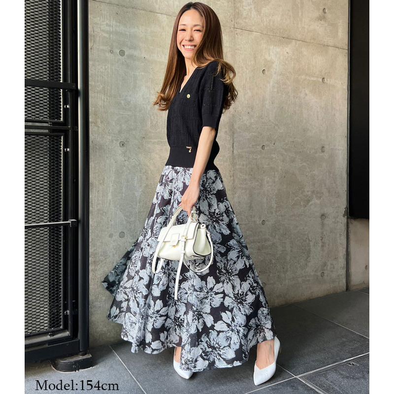 MoNiLE(モニーレ)】メッシュフラワープリントウエストリブフレアー